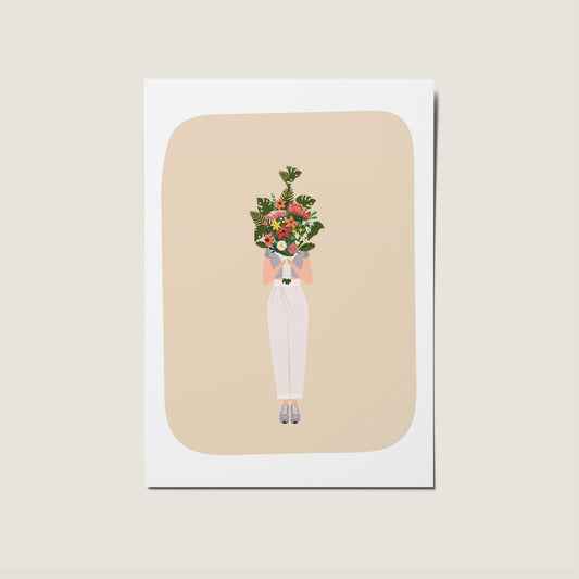 Women Holding Floral Bouquet No Occasion Illustration Card