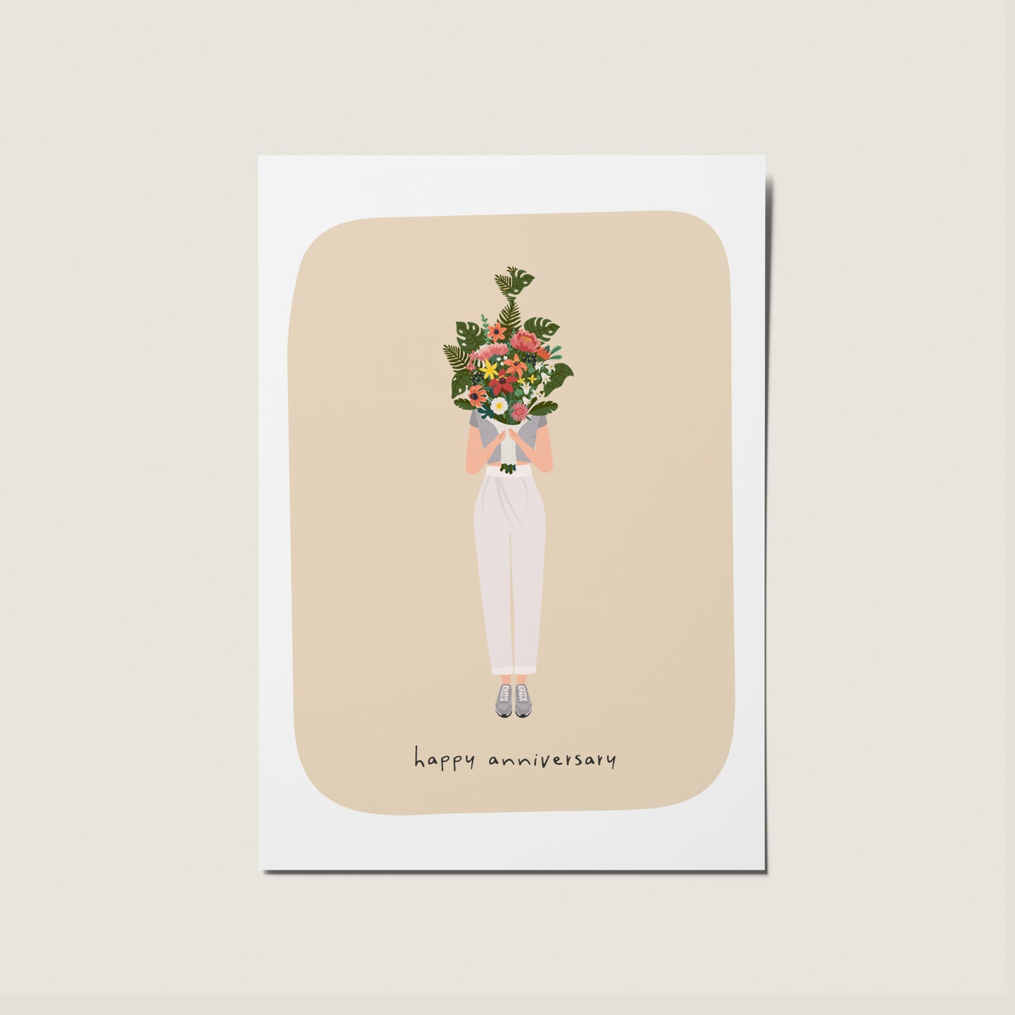 Woman Floral Bouquet Happy Anniversary Illustration Card