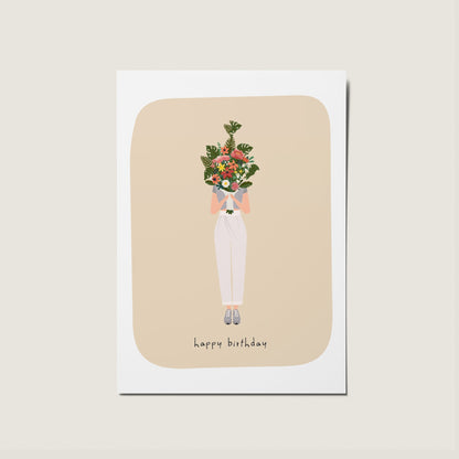 Woman Floral Bouquet Happy Birthday Illustration Card
