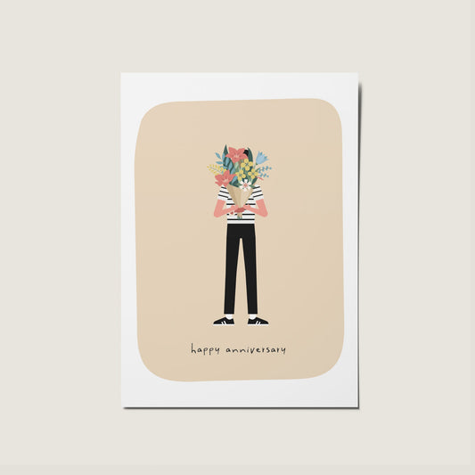 Man Floral Bouquet Happy Anniversary Illustration Card