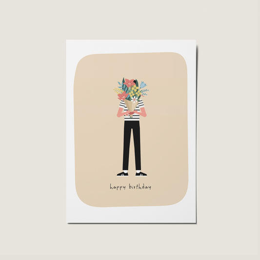 Man Floral Bouquet Happy Birthday Illustration Card